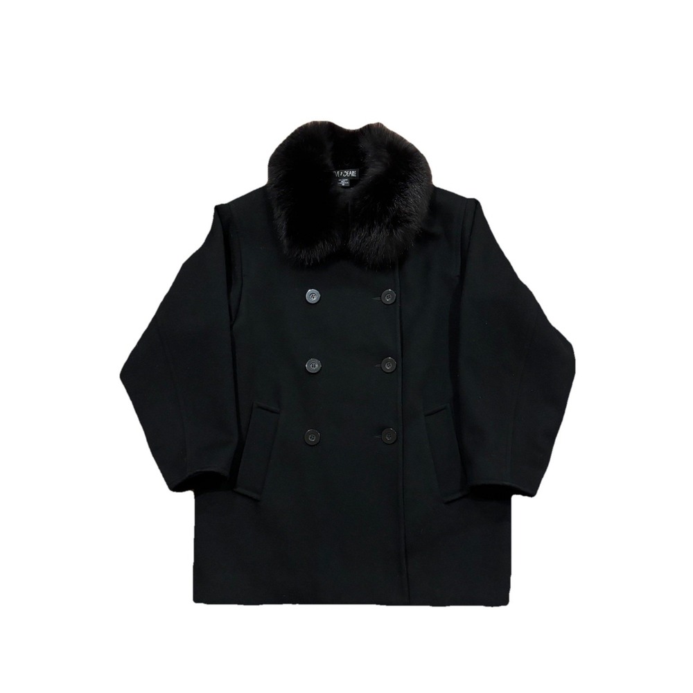 Steve By Searle Womens Black Solid Fox Fur Trim Wool Winter Coat Size 10 USA